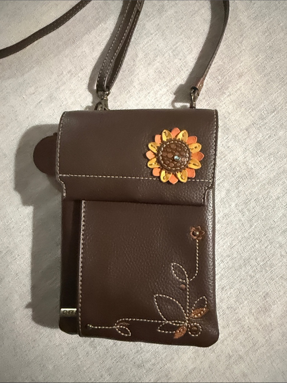 Chala Brown Crossbody Bag with Yellow Orange Sunflower Accent